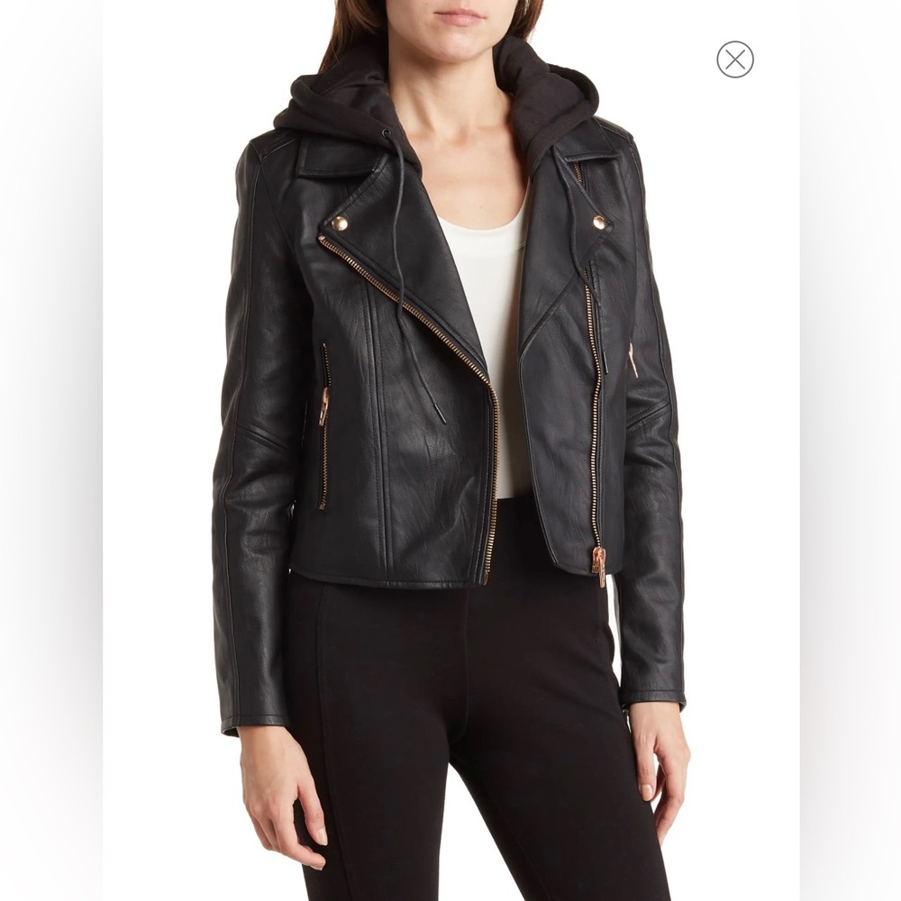 Blank NYC faux leather moto jacket with removable hood